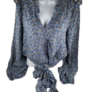 3 Hearts LS Top Blouse Blue Floral bigstrikeusa.com Polyester New Tie Waist M